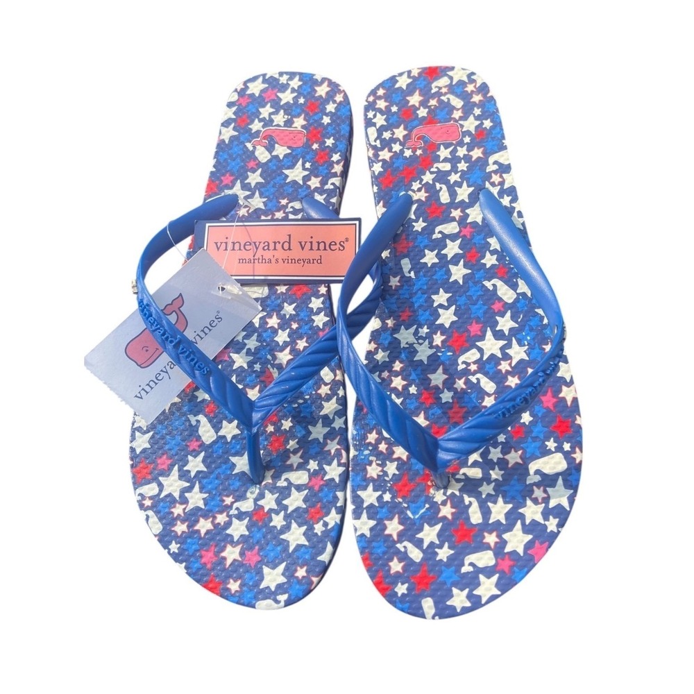 Vineyard Vines Womens Patriotic Star Whale Flip Flop Sandals‎ Blue Red White 6